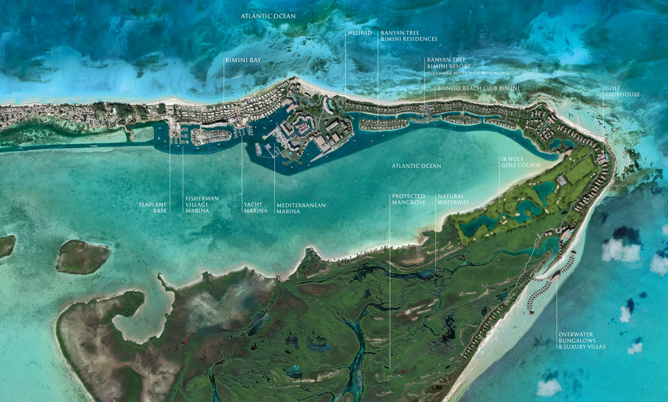 Illustrated aerial plan of North Bimini showing the marinas, helipad, 18-hole golf course, and residences