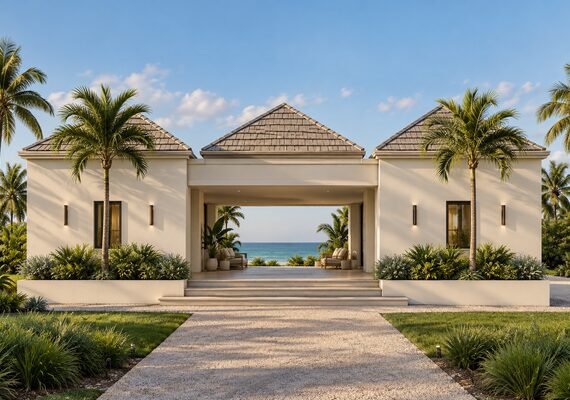Alice guest bungalow rendering, one-bedroom plan with open breezeway to the bay