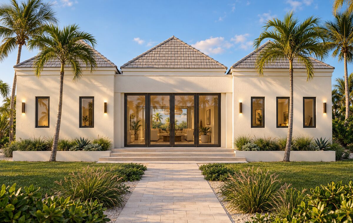 Rendering of a Rockwell Island guest bungalow with garage and covered terrace on the bay lot