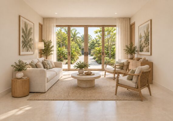 Guest bungalow living room interior rendering