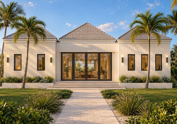 Marriot guest bungalow rendering, two-bedroom plan with garage and covered terrace